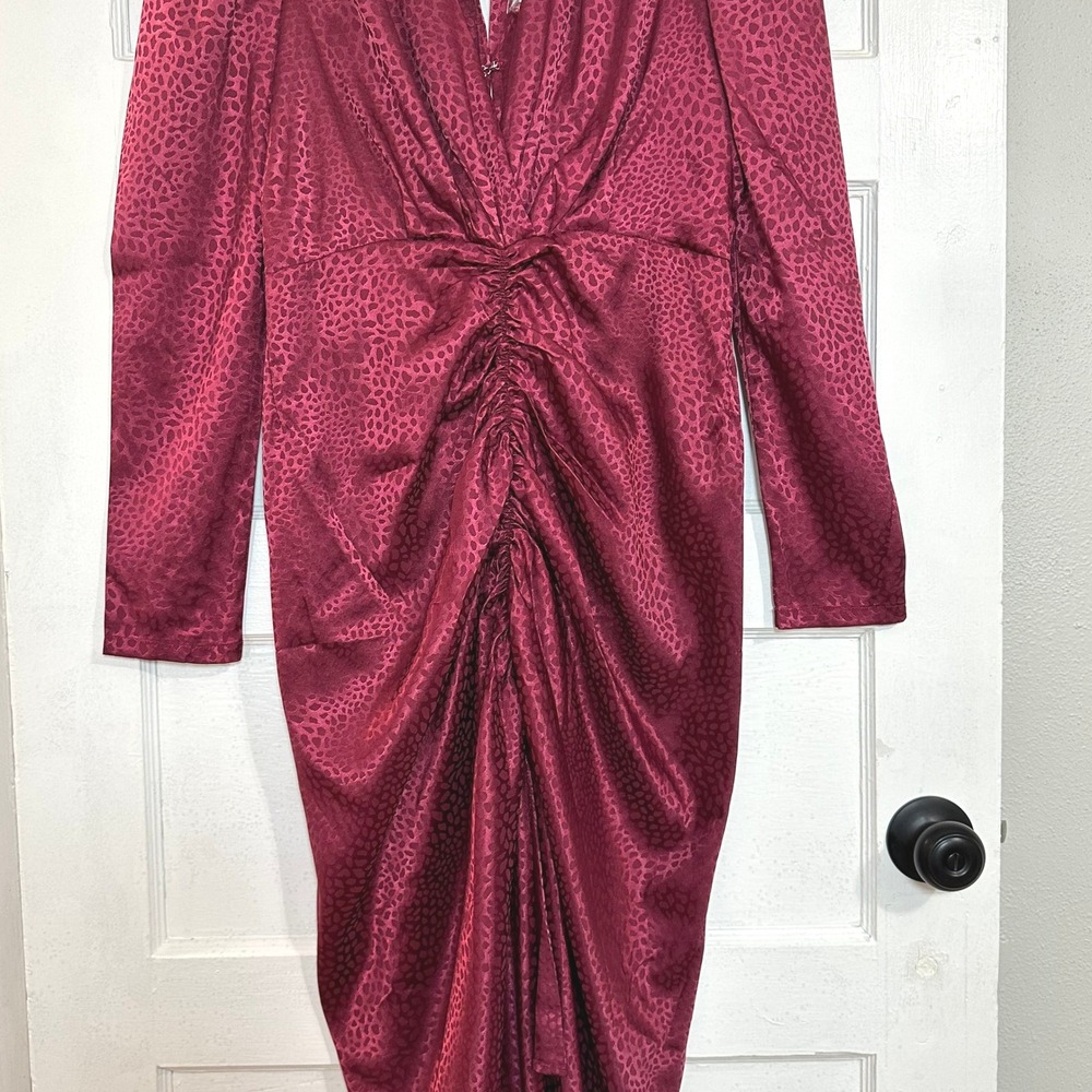 Ronny Kobo Astrid Large Dress Wine Animal Jacquard Ruched Puff Sleeve Midi Dress - Picture 5 of 12